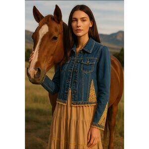 SANDRO SPORTWEAR Crochet Insert Whipstitch Detail Boho Denim Jacket